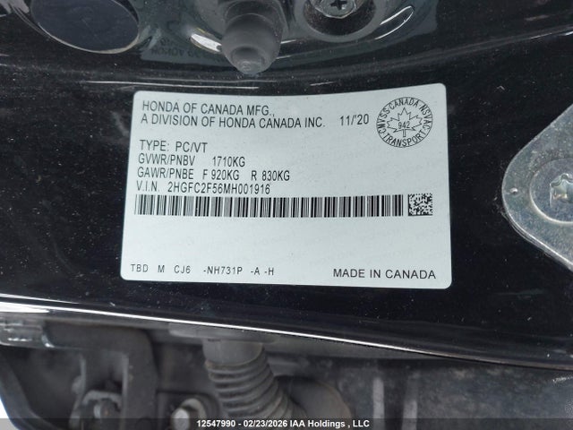 Aukcja sprzedaży 2021 Honda Civic Lx, vin: 2HGFC2F56MH001916, numer aukcji: 12547990