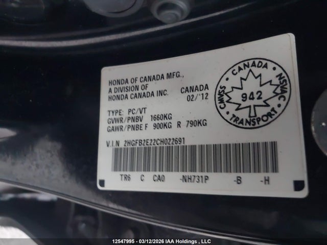 12547995 :رقم المزاد ، 2HGFB2E22CH022691 vin ، 2012 Honda Civic Ex 4dr مزاد بيع