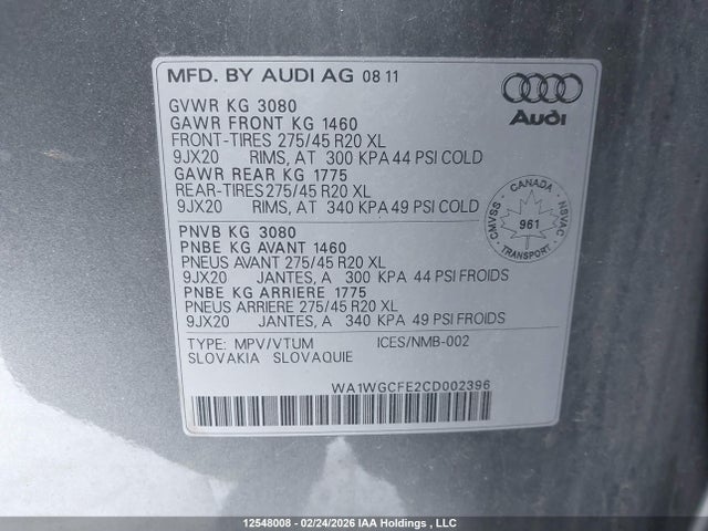2012 Audi Q7 Prestige მანქანა იყიდება აუქციონზე, vin: WA1WGCFE2CD002396, აუქციონის ნომერი: 12548008