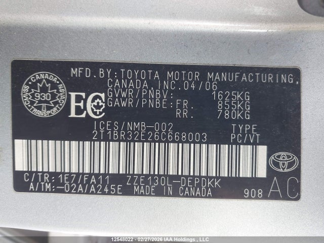 Продажа на аукционе авто 2006 Toyota Corolla Ce/le/sport, vin: 2T1BR32E26C668003, номер лота: 12548022