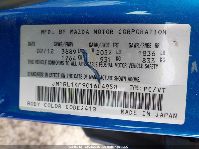 12548032 :رقم المزاد ، JM1BL1KF9C1604958 vin ، 2012 Mazda Mazda3 مزاد بيع
