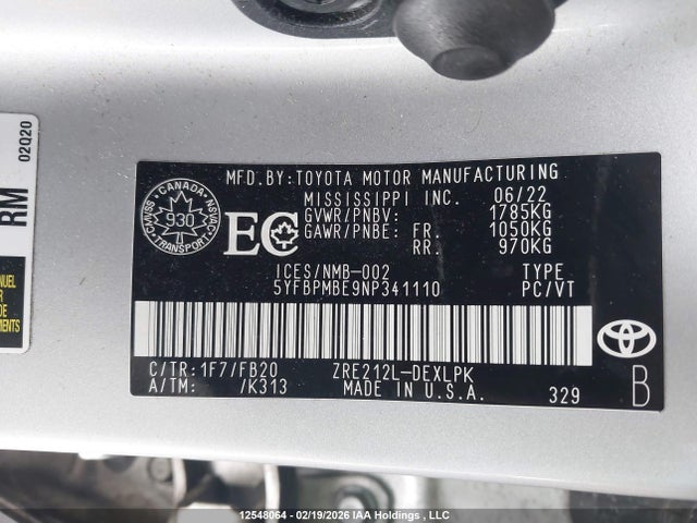 Aukcja sprzedaży 2022 Toyota Corolla Le/xle, vin: 5YFBPMBE9NP341110, numer aukcji: 12548064