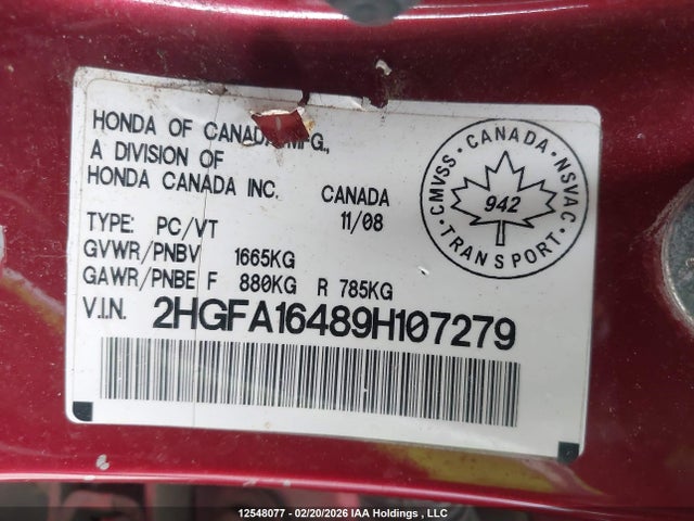 Aukcja sprzedaży 2009 Honda Civic Dx-g, vin: 2HGFA16489H107279, numer aukcji: 12548077