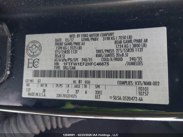 Aukcja sprzedaży 2017 Ford F150 Supercrew, vin: 1FTFW1EF2HFC46875, numer aukcji: 12548081