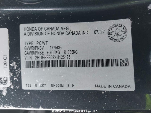 2HGFE2F52NH125175 Honda Civic Sport