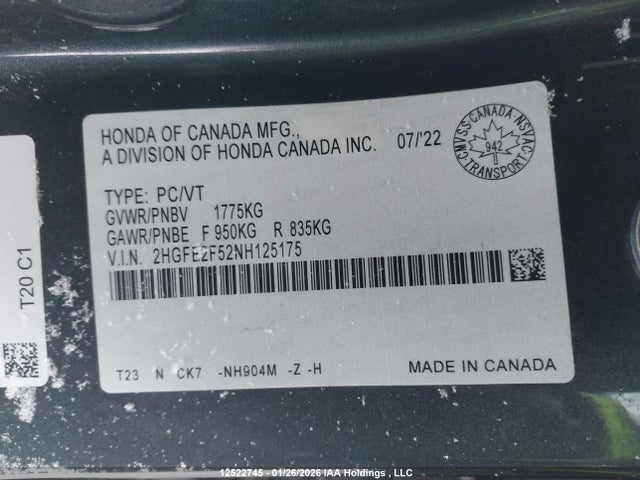 2HGFE2F52NH125175 Honda Civic Sport