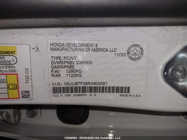 Aukcja sprzedaży 2024 Acura Tlx Type S, vin: 19UUB7F08RA800081, numer aukcji: 12548094