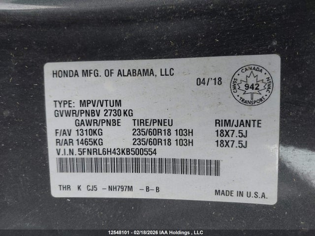 Honda ODYSSEY EX 2019 5FNRL6H43KB500554 Image 9