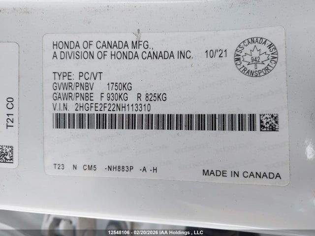 12548106 :رقم المزاد ، 2HGFE2F22NH113310 vin ، 2022 Honda Civic مزاد بيع