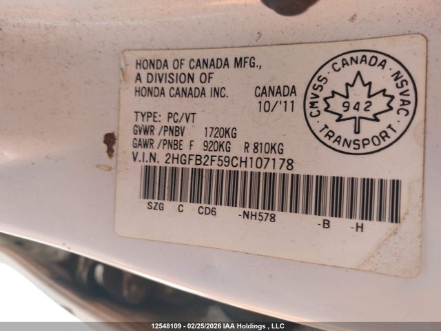 Продаж на аукціоні авто 2012 Honda Civic Ex, vin: 2HGFB2F59CH107178, номер лоту: 12548109