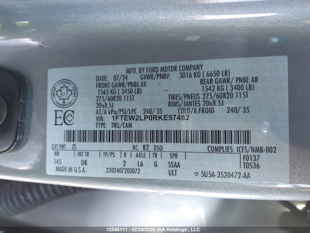 2024 Ford F-150 Stx მანქანა იყიდება აუქციონზე, vin: 1FTEW2LP0RKE57482, აუქციონის ნომერი: 12548111