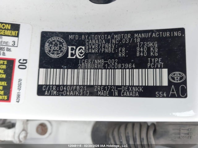 2T1BURHE1JC083964 Toyota Corolla