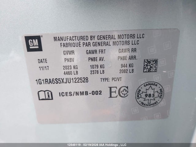 Продажа на аукционе авто 2018 Chevrolet Volt Lt, vin: 1G1RA6S5XJU122528, номер лота: 12548119