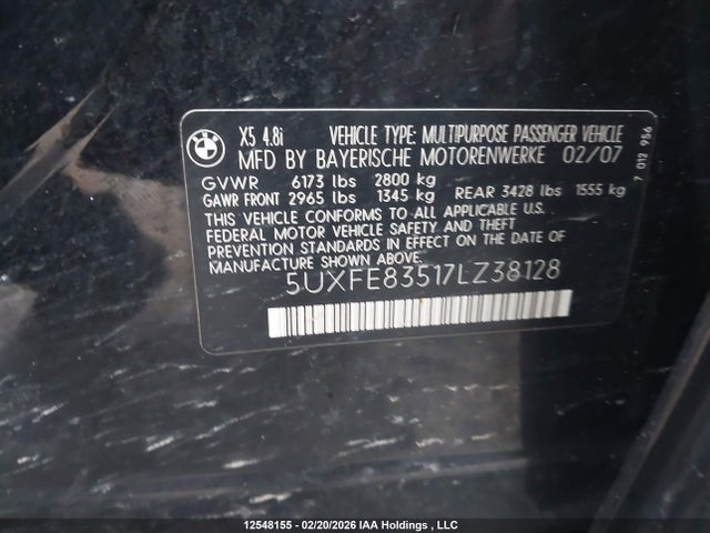 Aukcja sprzedaży 2007 Bmw X5 4.8i, vin: 5UXFE83517LZ38128, numer aukcji: 12548155