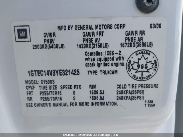 12548156 :رقم المزاد ، 1GTEC14V3YE321425 vin ، 2000 Gmc New Sierra C1500 مزاد بيع