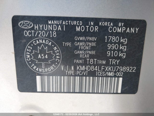 KMHD84LFXKU798922 Hyundai Elantra Sel/value/limited