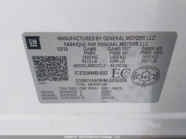 1GNEVHKW4KJ255326 Chevrolet Traverse Lt