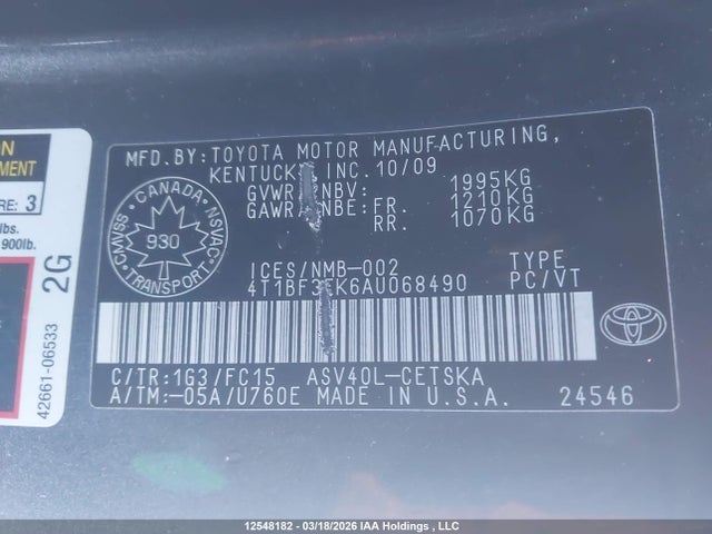12548182 :رقم المزاد ، 4T1BF3EK6AU068490 vin ، 2010 Toyota Camry مزاد بيع