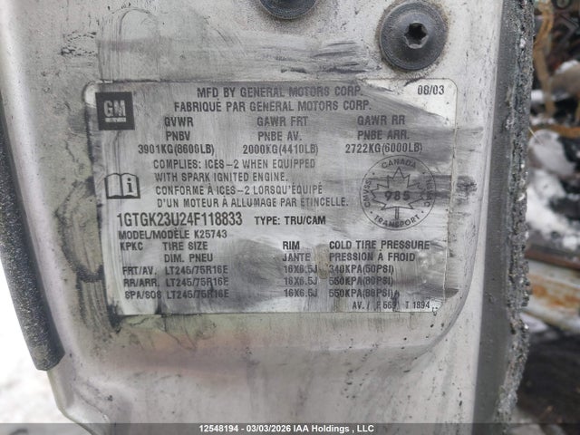 Aukcja sprzedaży 2004 Gmc Sierra 2500 Sle/slt, vin: 1GTGK23U24F118833, numer aukcji: 12548194