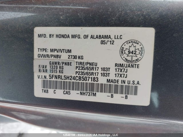 Продаж на аукціоні авто 2012 Honda Odyssey Lx, vin: 5FNRL5H24CB507183, номер лоту: 12548198