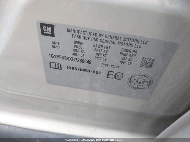 12548203 :رقم المزاد ، 1G1PF5S9XB7288649 vin ، 2011 Chevrolet Cruze Lt مزاد بيع