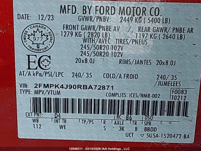 12548211 :رقم المزاد ، 2FMPK4J90RBA72871 vin ، 2024 Ford Edge St Line مزاد بيع
