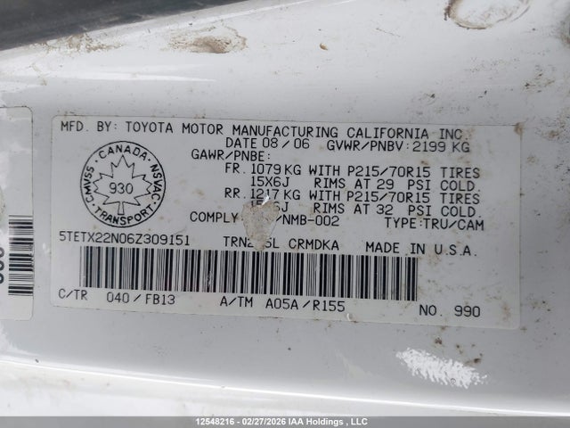 12548216 :رقم المزاد ، 5TETX22N06Z309151 vin ، 2006 Toyota Tacoma مزاد بيع