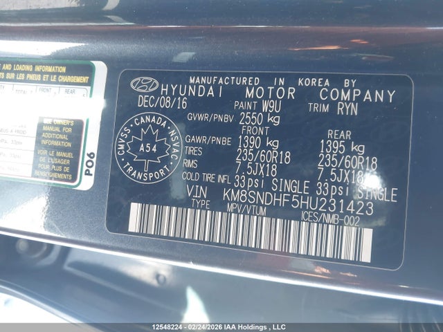 KM8SNDHF5HU231423 Hyundai Santa Fe Se/limited