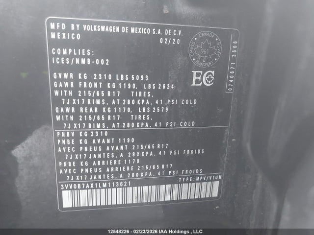 3VV0B7AX1LM113621 Volkswagen TIGUAN S