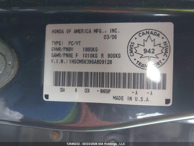 Aukcja sprzedaży 2006 Honda Accord Se, vin: 1HGCM56396A809128, numer aukcji: 12548232