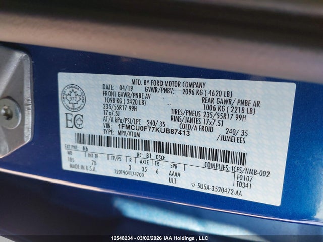 1FMCU0F77KUB87413 Ford ESCAPE S