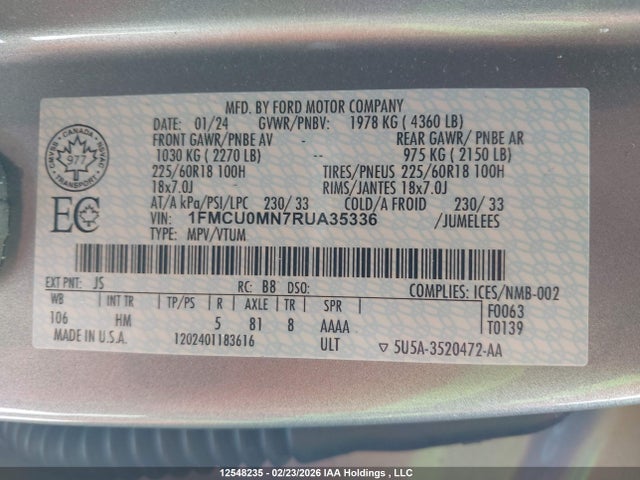 12548235 :رقم المزاد ، 1FMCU0MN7RUA35336 vin ، 2024 Ford Escape St-line مزاد بيع