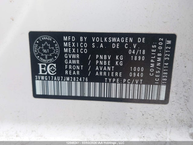 3VWG17AU7JM282476 Volkswagen GOLF S/SE