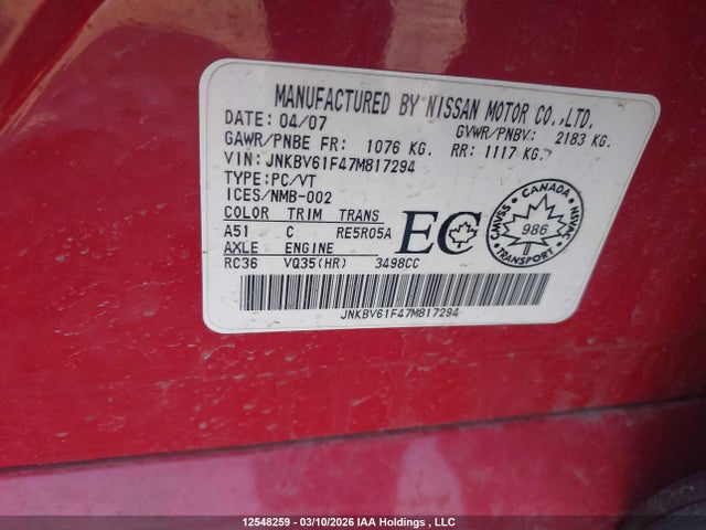 Продажа на аукционе авто 2007 Infiniti G35x, vin: JNKBV61F47M817294, номер лота: 12548259
