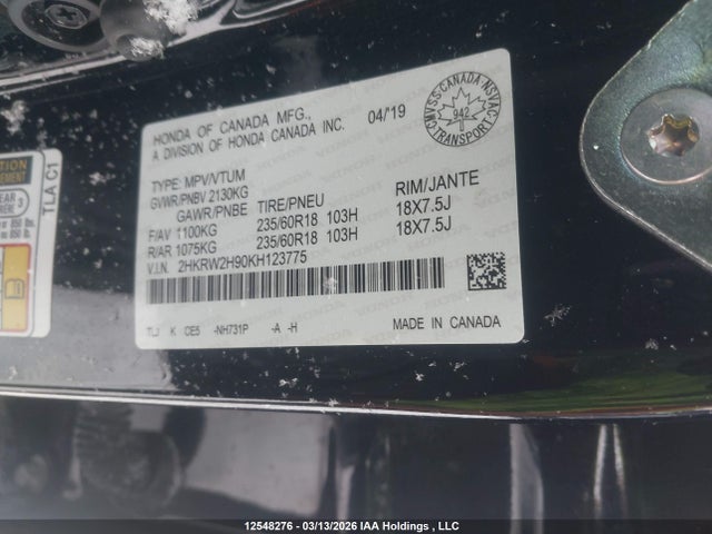 12548276 :رقم المزاد ، 2HKRW2H90KH123775 vin ، 2019 Honda Cr-v Touring مزاد بيع
