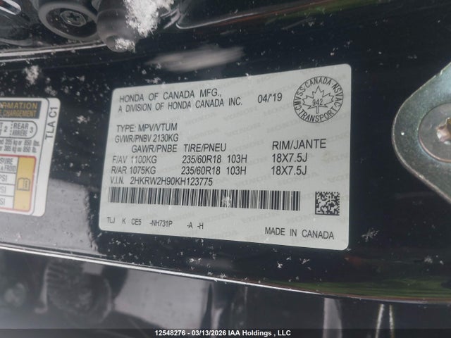 12548276 :رقم المزاد ، 2HKRW2H90KH123775 vin ، 2019 Honda Cr-v Touring مزاد بيع
