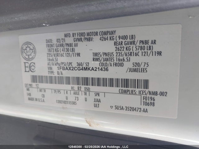 1FBAX2CG4MKA21436 Ford TRANSIT VAN