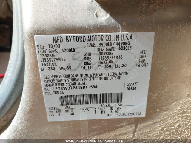 Продаж на аукціоні авто 2004 Ford F350 Srw Super Duty, vin: 1FTSW31P64EB11584, номер лоту: 12548311