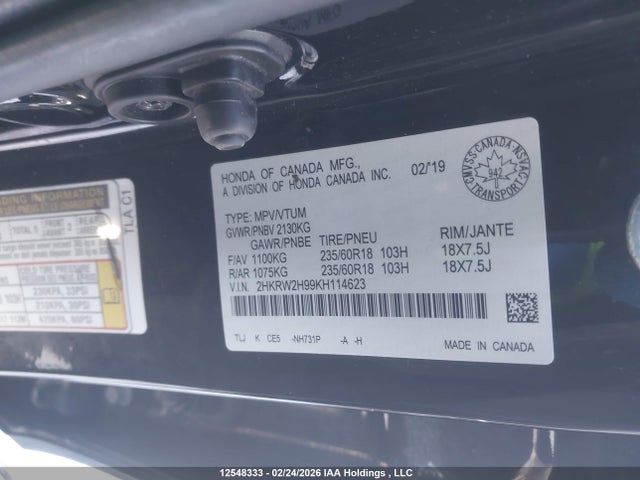12548333 :رقم المزاد ، 2HKRW2H99KH114623 vin ، 2019 Honda Cr-v Touring مزاد بيع