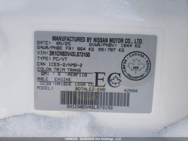 12548335 :رقم المزاد ، 3N1CN8DV4SL873150 vin ، 2025 Nissan Versa S مزاد بيع