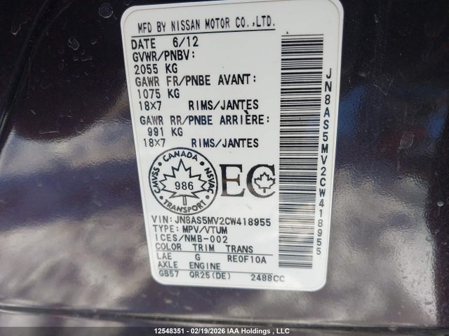 12548351 :رقم المزاد ، JN8AS5MV2CW418955 vin ، 2012 Nissan Rogue S/sv مزاد بيع