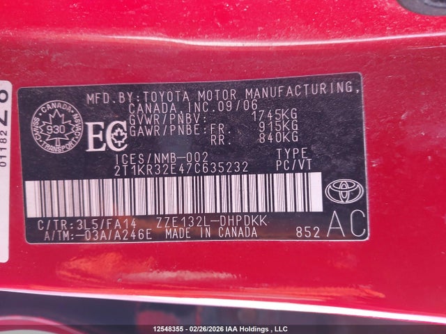 Aukcja sprzedaży 2007 Toyota Matrix Xr, vin: 2T1KR32E47C635232, numer aukcji: 12548355