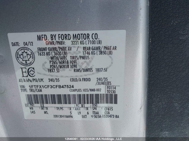 Aukcja sprzedaży 2012 Ford F150 Super Cab, vin: 1FTFX1CF3CFB47524, numer aukcji: 12548361