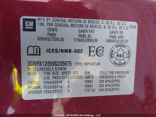 Aukcja sprzedaży 2009 Chevrolet Avalanche 1500 Ls/ltz, vin: 3GNFK12059G205675, numer aukcji: 12548365