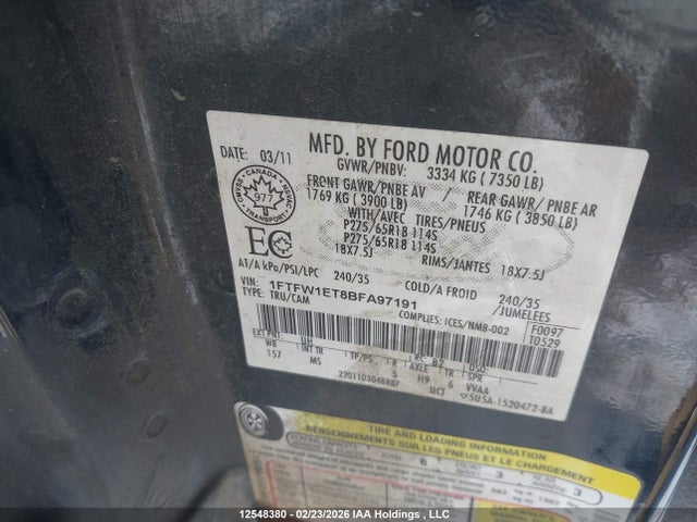 2011 Ford F-150 Xlt მანქანა იყიდება აუქციონზე, vin: 1FTFW1ET8BFA97191, აუქციონის ნომერი: 12548380