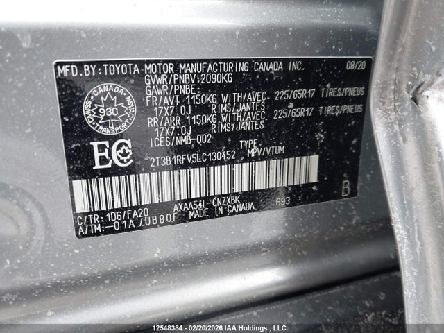 12548384 :رقم المزاد ، 2T3B1RFV5LC130452 vin ، 2020 Toyota Rav4 Le مزاد بيع