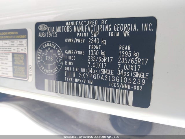 5XYPGDA31GG105239 KIA Sorento Lx/l