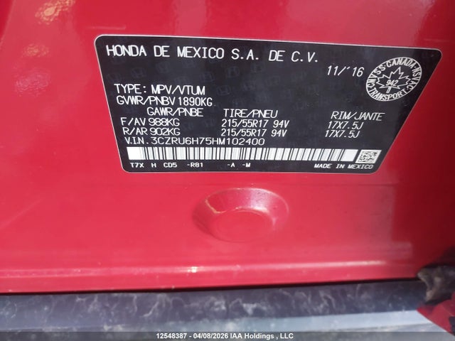 3CZRU6H75HM102400 Honda Hr-v Exl