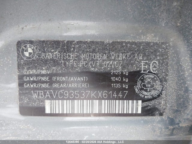 Продажа на аукционе авто 2007 Bmw 328xi, vin: WBAVC93537KX61447, номер лота: 12548390