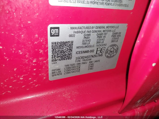Aukcja sprzedaży 2022 Chevrolet Silverado 1500 Work Truck, vin: 1GCRDAED7NZ617945, numer aukcji: 12548399